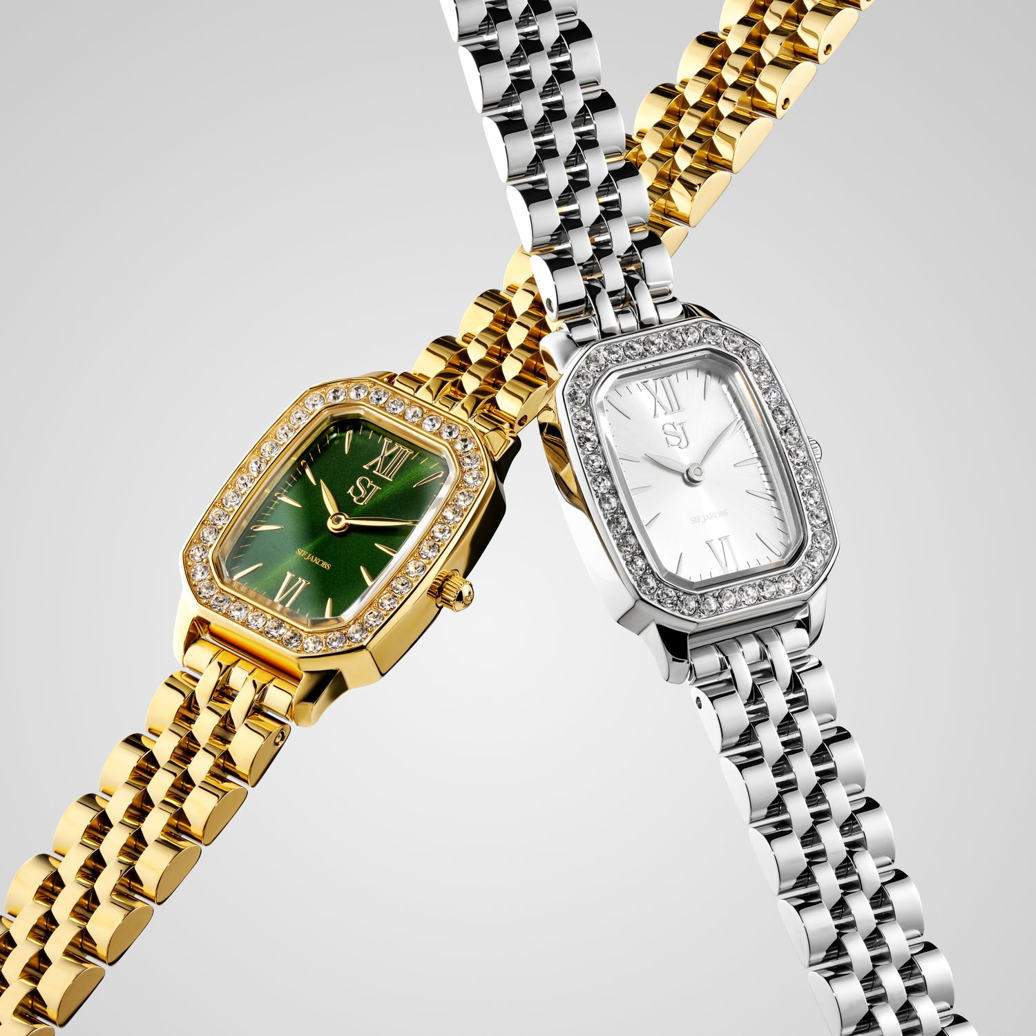 Stainless steel gold | Grøn urskive & hvide zirkoner