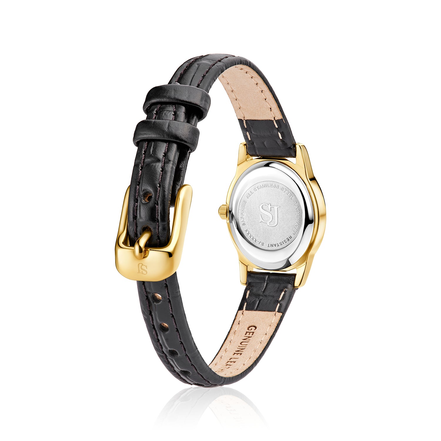 Stainless steel gold | Sort læder rem