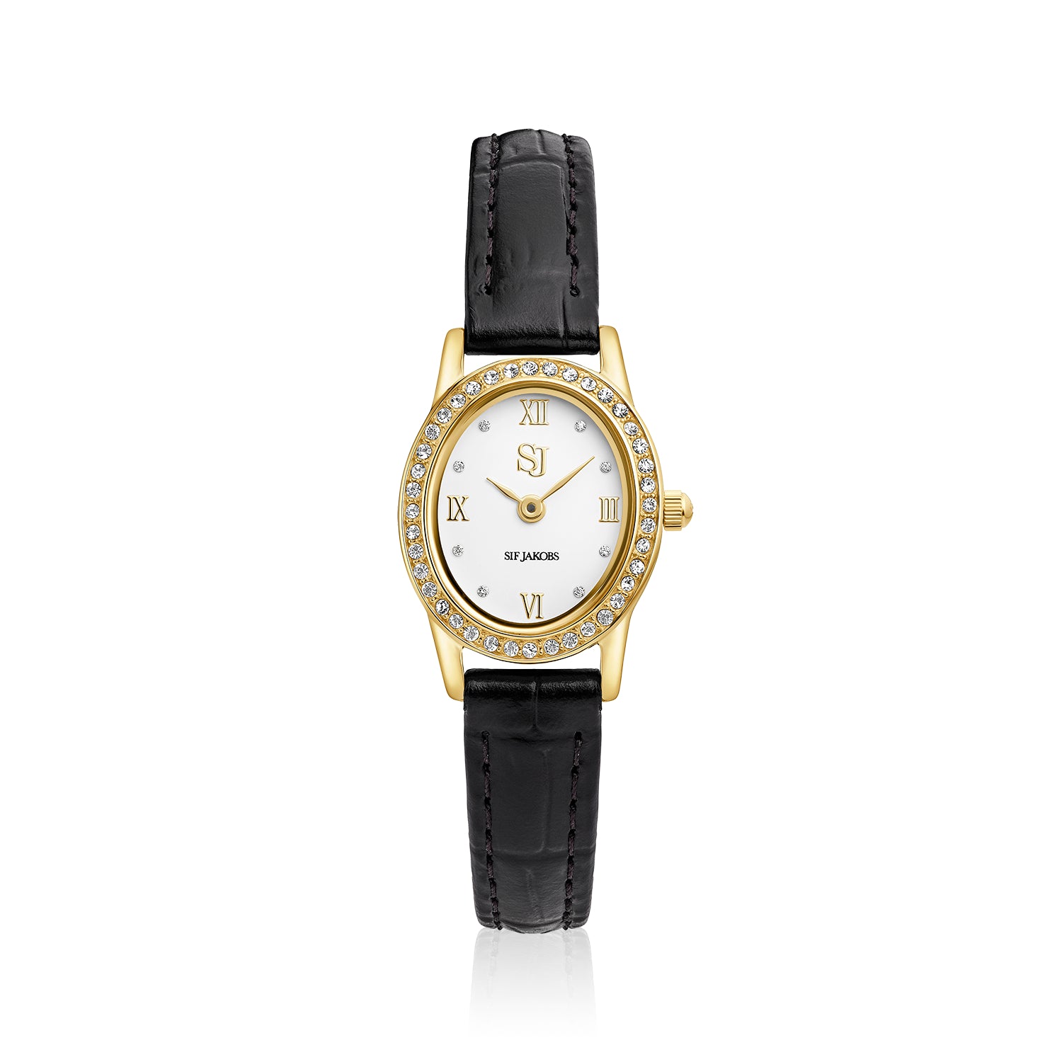 Stainless steel gold | Sort læder rem