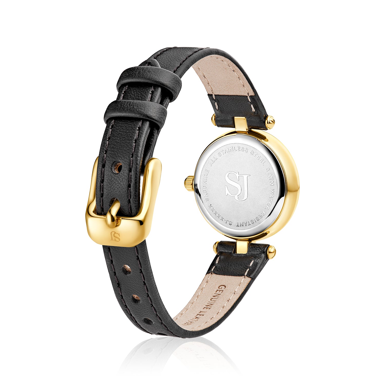 Stainless steel gold | Sort læder rem