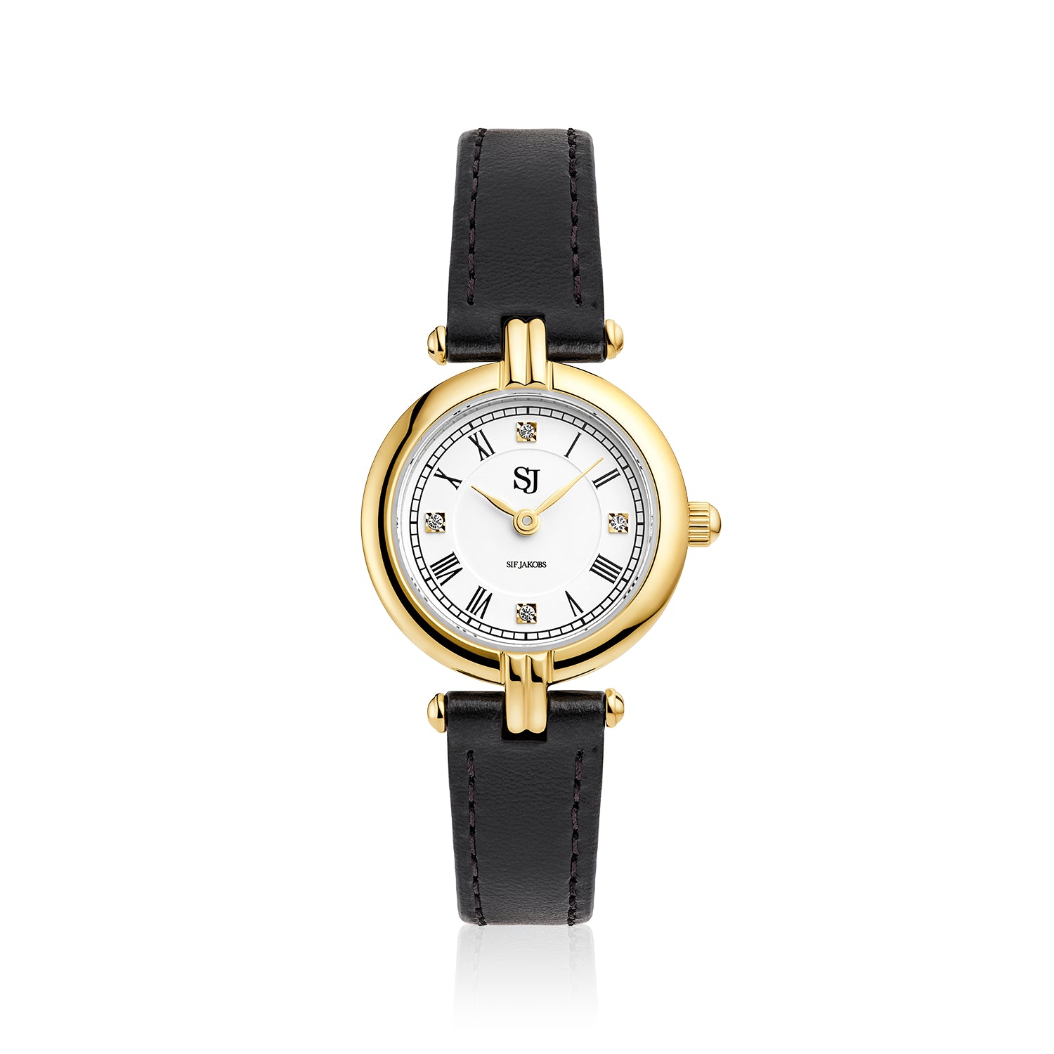 Stainless steel gold | Sort læder rem