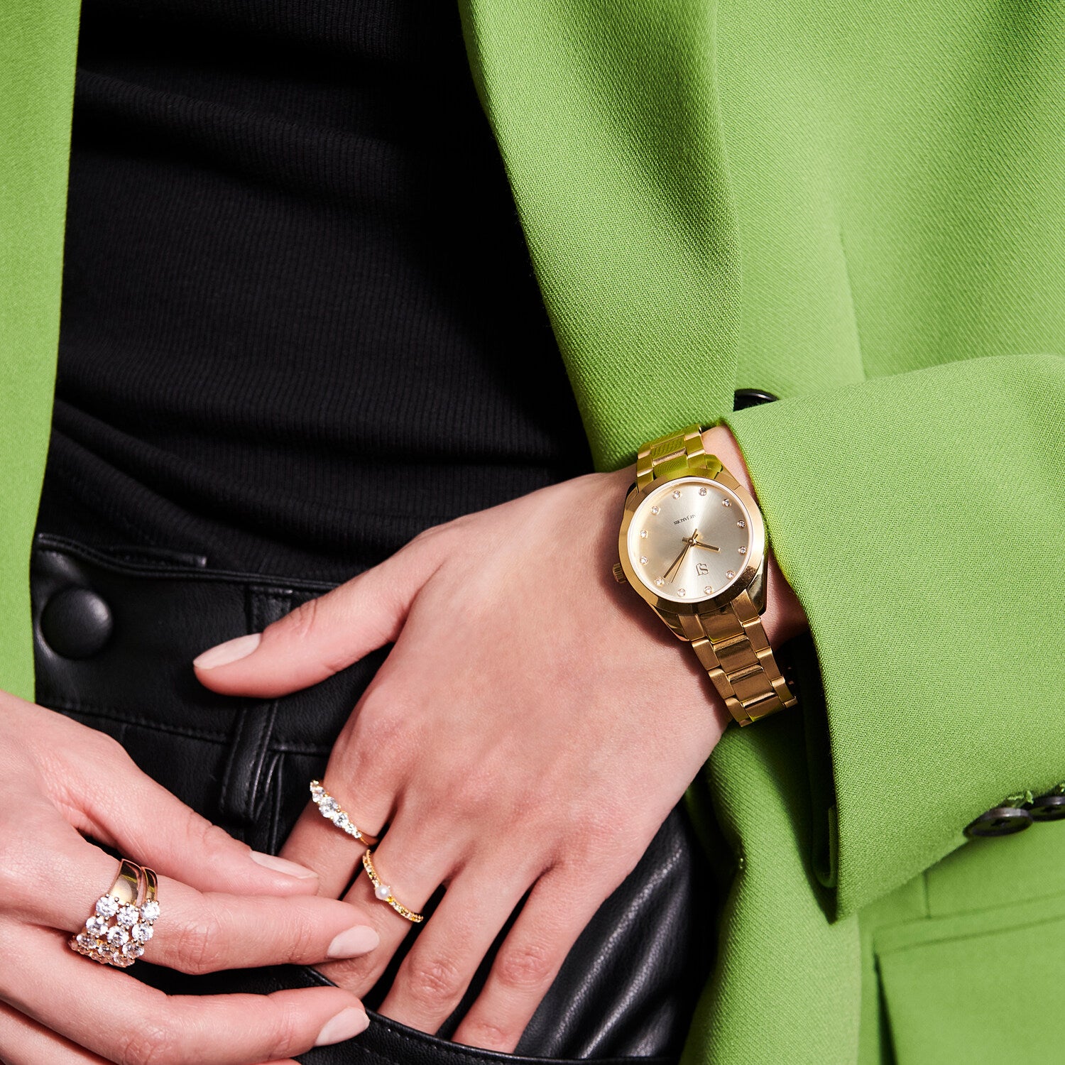 Stainless steel gold | Guld urskive & hvide zirkoner